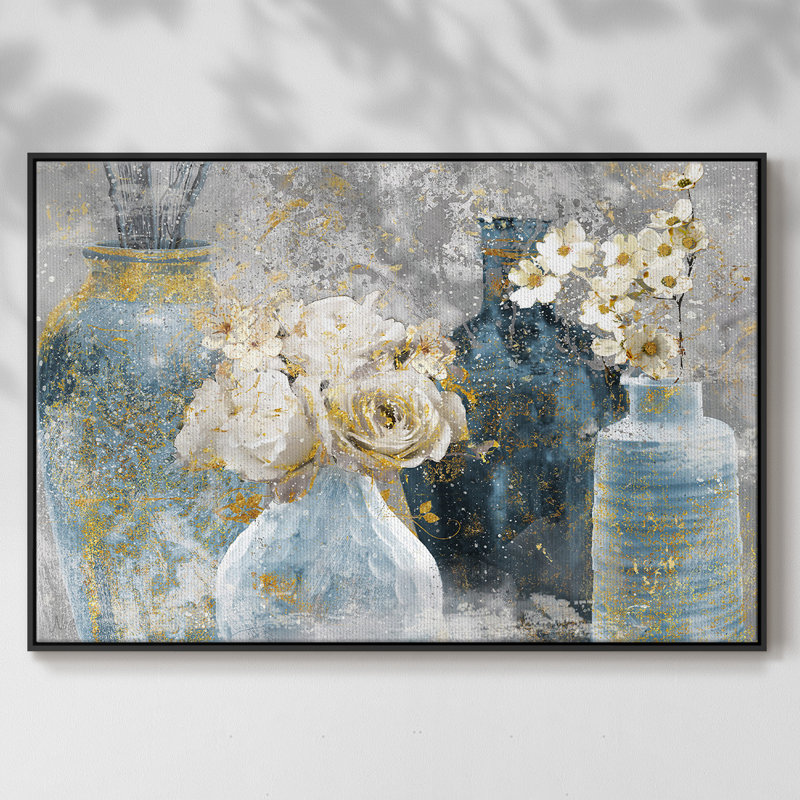 «Vessels And Blooms Blues», reproduction d'art sur toile, Noir, H 27 po x l 41 po x P 2 po