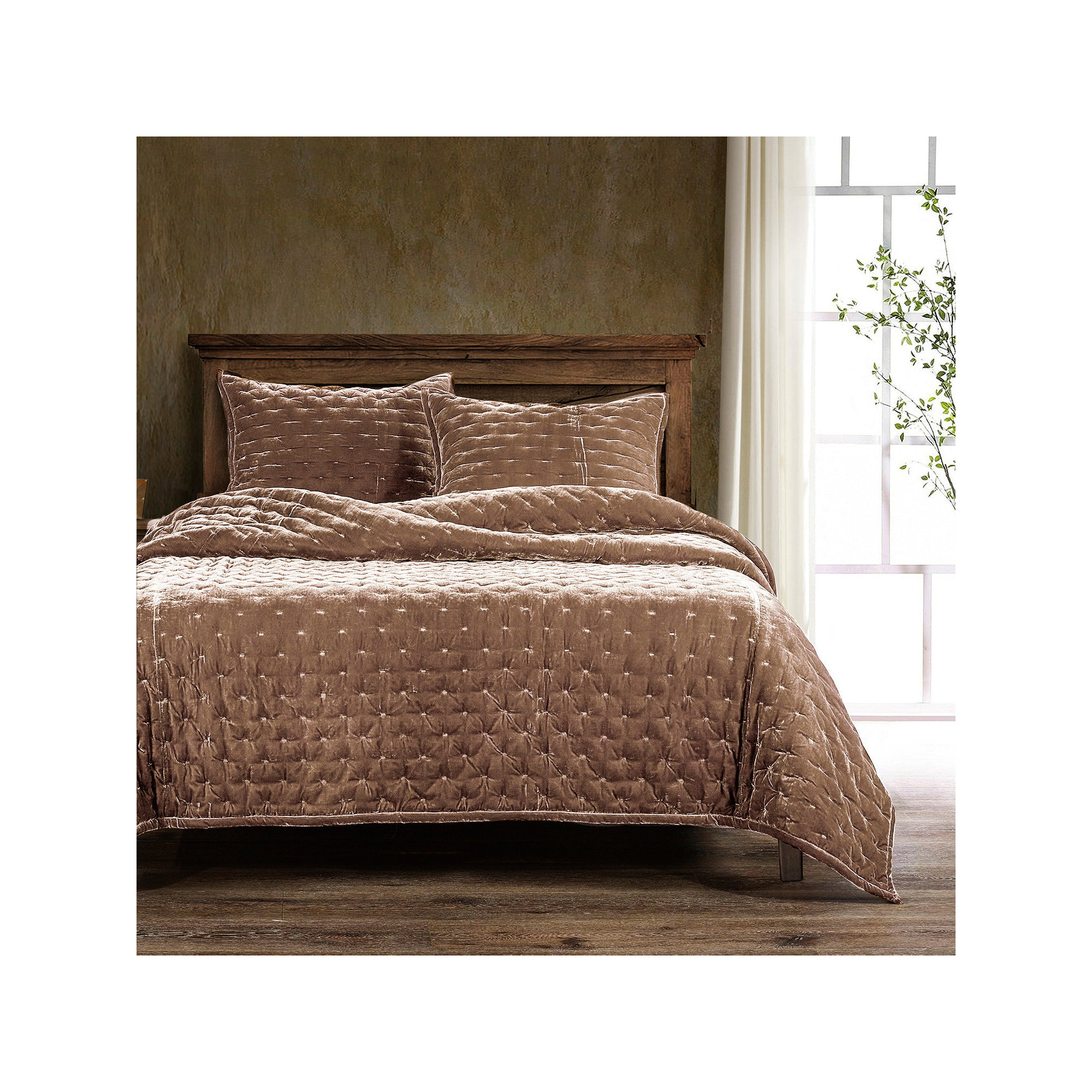 Stella Faux Silk Velvet Classic Chic Modern Rustic Romantic Western Quilt Set, Saffron, King Quilt + 2 King Shams