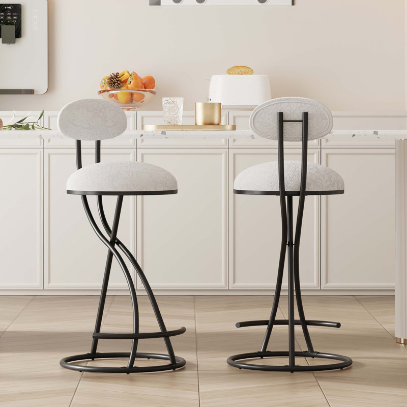 Bar Stools Set of 2 S-shaped Barstools with Backrest Floral Print Upholstered Dining Chairs Counter Height Stool for Kitchen Island (White Print)