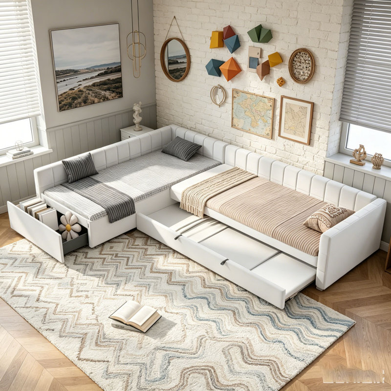 L-shape Upholstered Double Twin Size Daybed with Trundle and Drawer, Beige