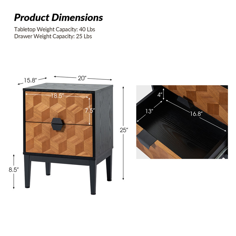 Jacobus Modern 20''W 2-Drawer End Table with Charging Station and Metal Knobs, Brown/Black