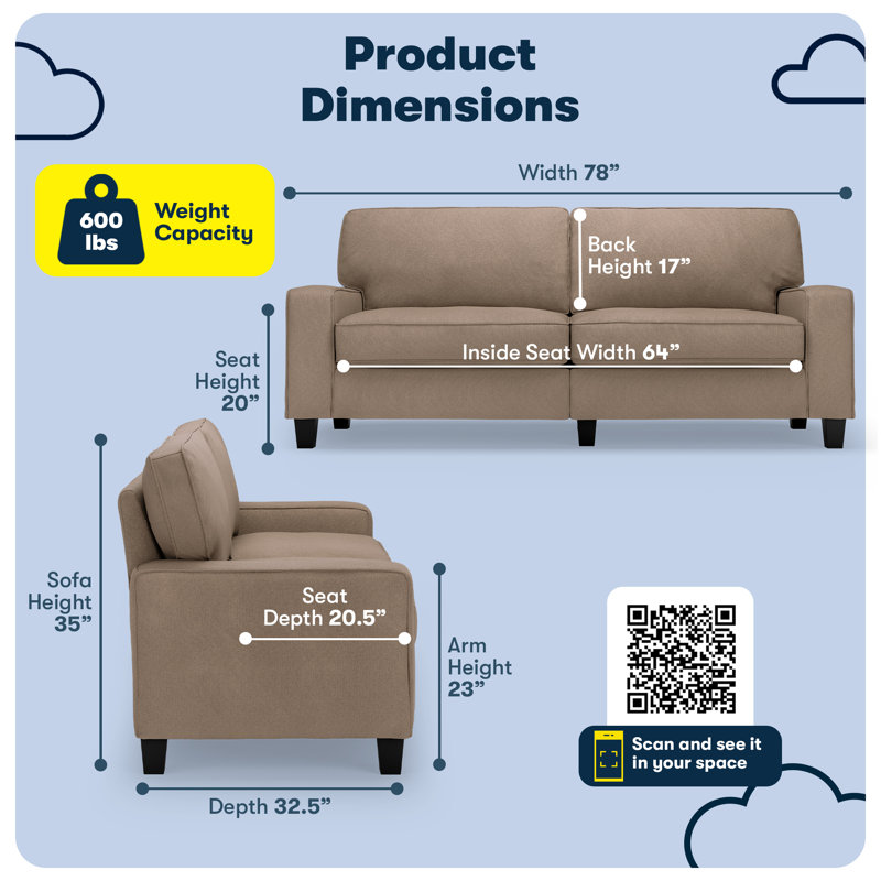 Serta Palisades Track Arm Sofa, Easy Care Fabric, Soft Pillow Back, Pocket Coil Seat Cushions, Fawn Tan Microsuede, 78"