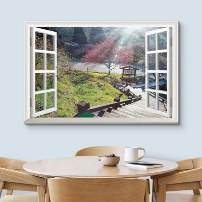 Window Scenery " Modern White Window Looking Down Into A Stairway That Leads To A Japanese Garden With A Kiosk "