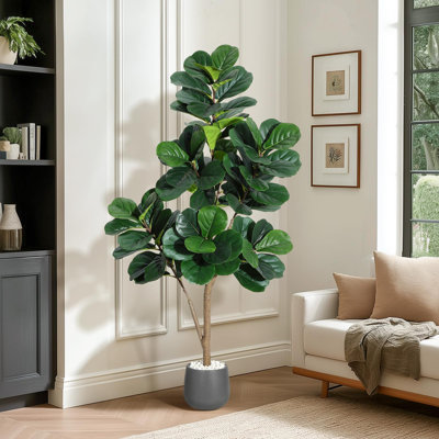 5 ft Fiddle Leaf Fig Tree Artificial - Realistic Faux Ficus Lyrata with Leaves in White Planter for Home Office Decor