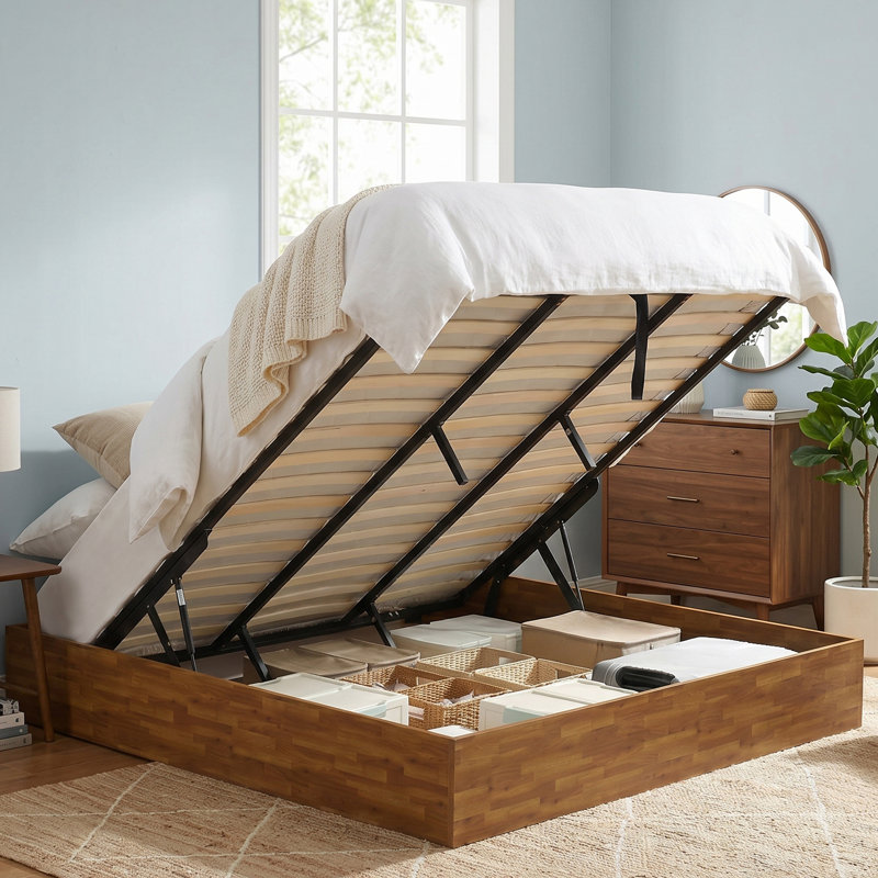 Structure de lit très grand en bois avec rangement relevable, aucun sommier nécessaire, brun rustique, Brun rustique