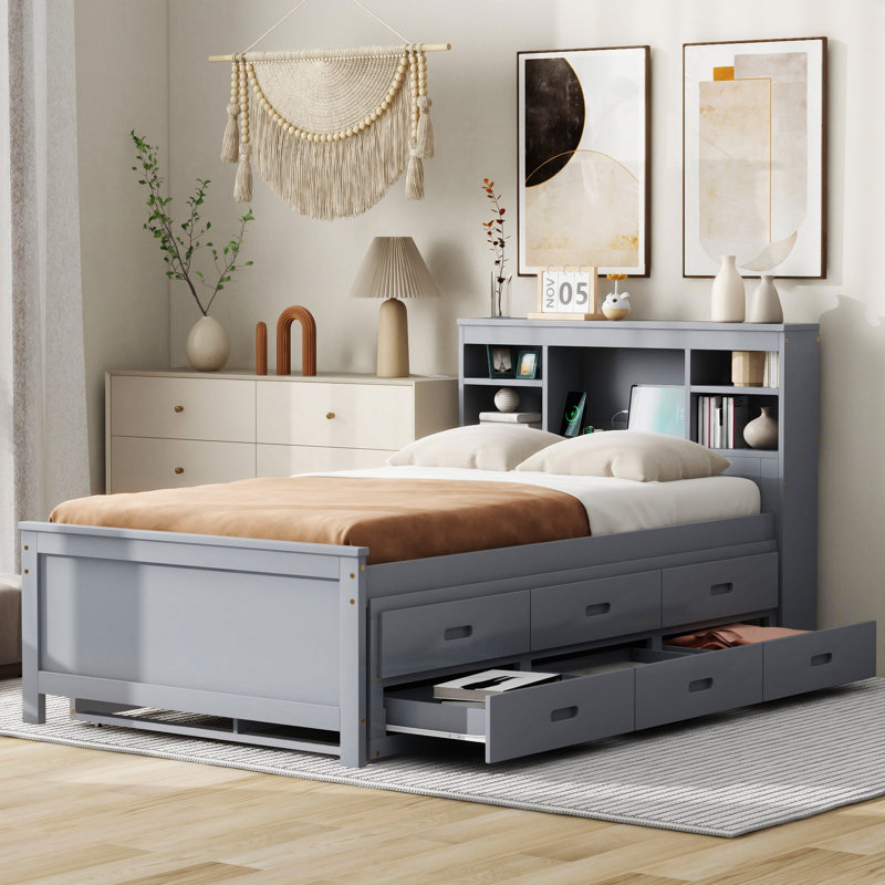 Platform Bed With Storage Headboard, Gray, Twin