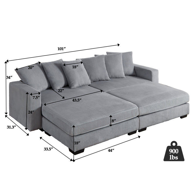 101"W Corduroy Sofa Bed With 2 Ottomans, Gray