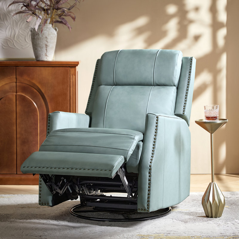 Elimelec Genuine Leather Manual Swivel Recliner, Sage