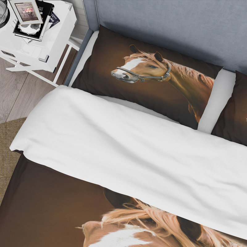 Bigham Portrait of Brown Horse With White Nose I - Ensemble de housse de couette Farmhouse - Microfibre de polyester