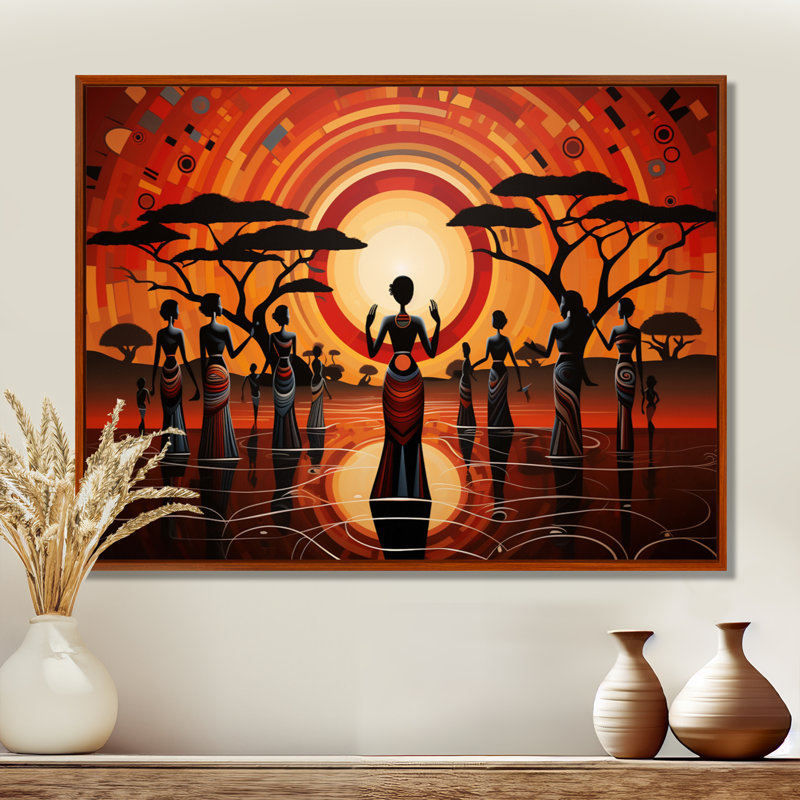 Célébration sacrée de la pleine lune tribale - art mural africain, salon, Toile avec cadre flottant brun