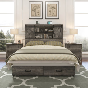 Sherell Wooden Platform Bed Frame with Sliding Barn Door Bookcase Headboard