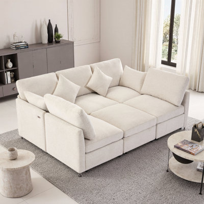 86.6" Modular Chenille Sectional Sofa Bed with Ottoman & USB Ports for Living Room, Beige