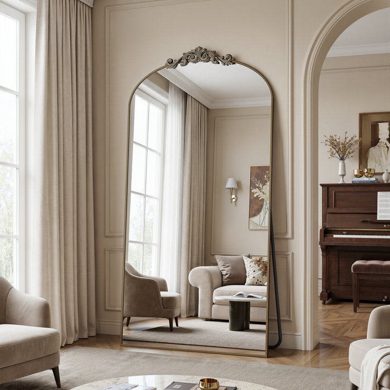 Miroir arqué rétro pleine longueur avec miroirs de plancher sculptés et surdimensionnés pour HomeDecor, 82 po x 44 po, Bronze
