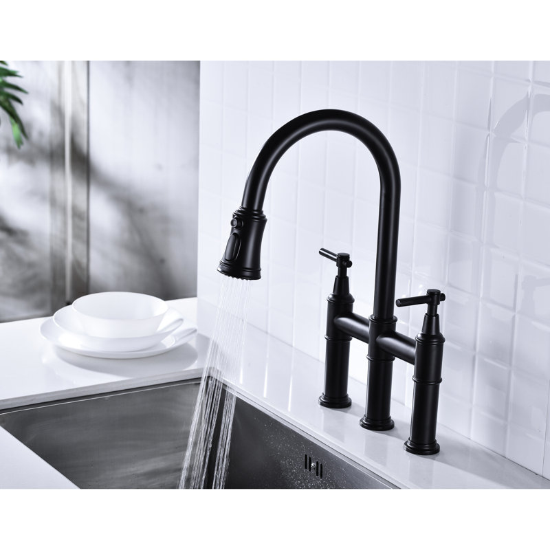 Matte Black Kitchen Pull-Down Faucet - Dual Handle Switch For Accurate Flow Control, 360-Degree Rotatable Nozzle, Quality Brass Build Bridge Style With Spray Fine And Temperature Regulation, Solid