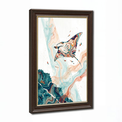 Teal And Peach Marble Pattern Bird Flying Abstract Canvas Wall Art