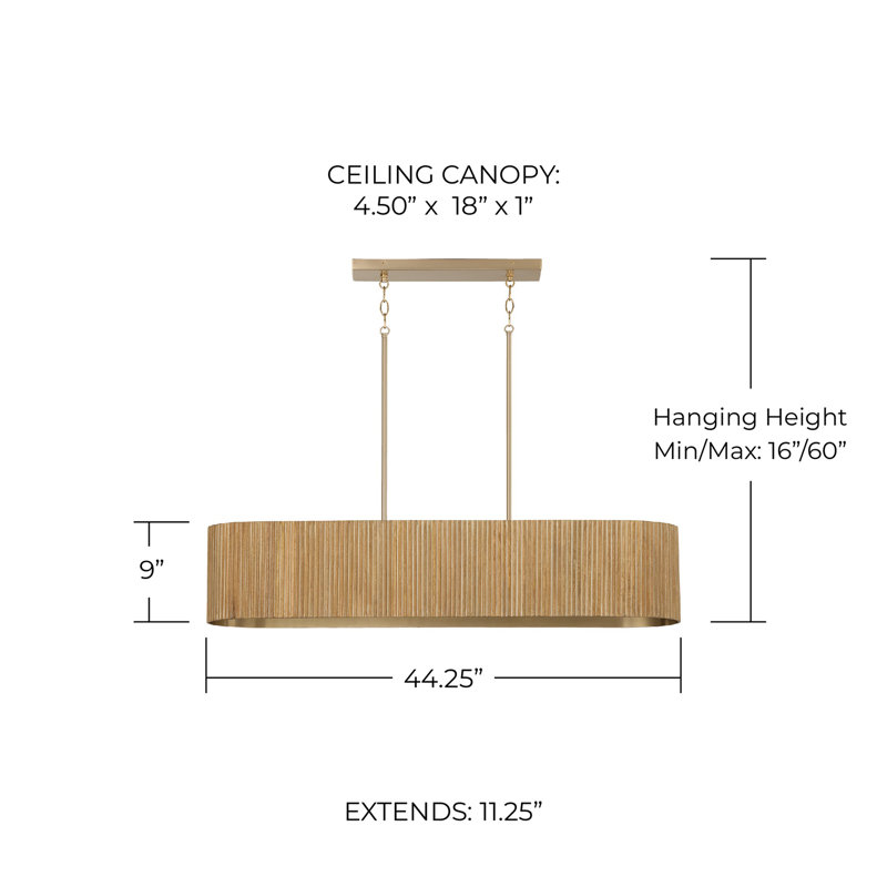 44.25" W x 9" H 5-Light Linear Chandelier and Handcrafted Fluted Mango Wood, White