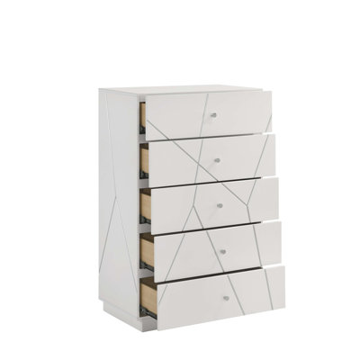 Commode avec finition laquée, conception géométrique et tiroirs spacieux pour des solutions de rangement modernes et élégantes