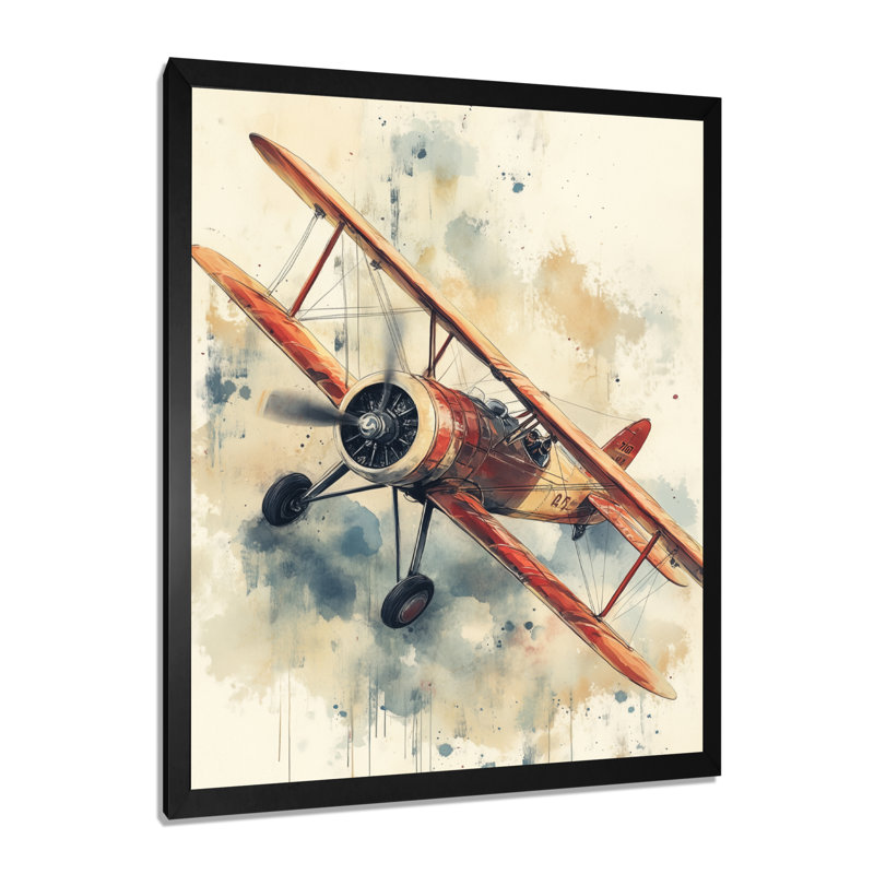 Biplan dans le ciel ouvert - Tableau rétro encadré, H 32 po x l 24 po, Black Picture Framed