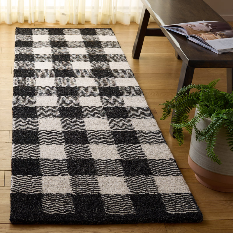 Genre 801 Hand Tufted Wool/Cotton/Fiber Checkered Rug in Charcoal/Ivory, Runner 2'3" x 8'