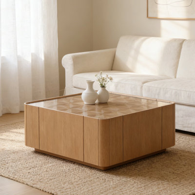 Table basse Mid-Century moderne avec plateau en verre et tiroirs de rangement cachés, table centrale en bois avec base stable