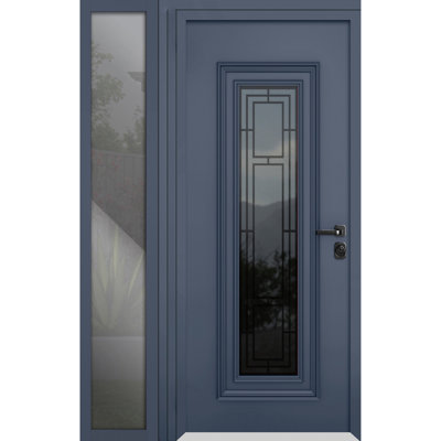 Front Exterior Prehung Steel Door Ballucio 6044 Gray Graphite Side Exterior Window Stainless Inserts Single Modern Painted-W36+16 x H80-Left-hand Inswing
