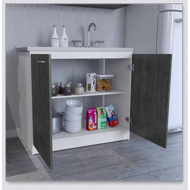 Napoles Utility Sink with Cabinet, One Shelf, Double Door Cabinet -White / Smokey Oak