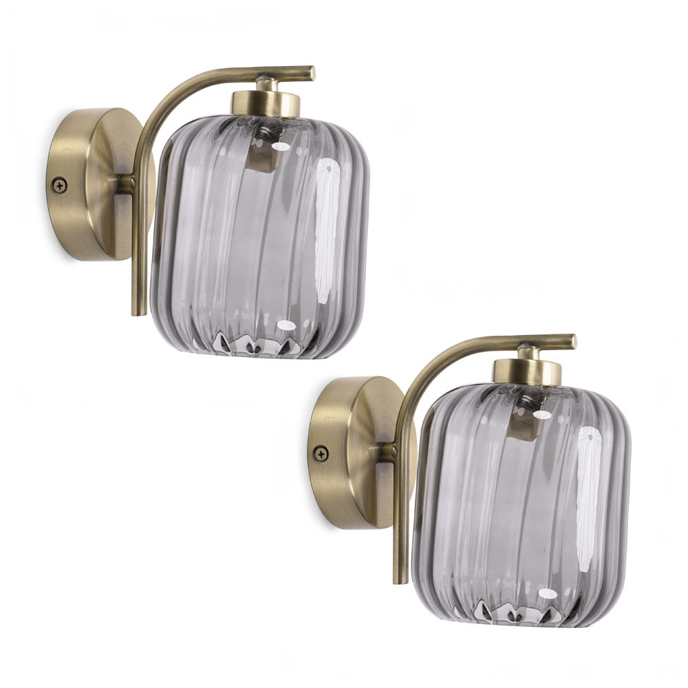 Amelie Pair of Gold Stem Single Ribbed Glass Lamp Wall Light with LED Bulbs