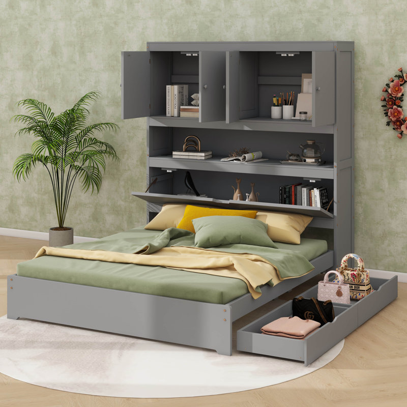 Lit plateforme double en bois, avec ports USB, tête de lit et tiroirs, gris