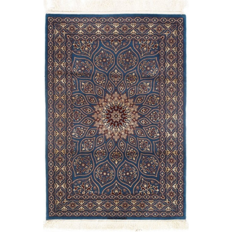 Tapis unique noué à la main bleu clair / or / brun de 3 pi 3 po x 4 pi 9 po