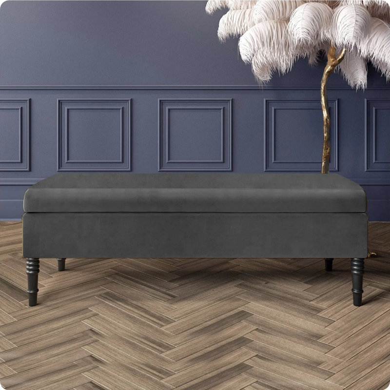 Safar Plain Upholstered Plush Velvet Ottoman Storage Bench with Black Turned Wooden Legs, Steel Grey