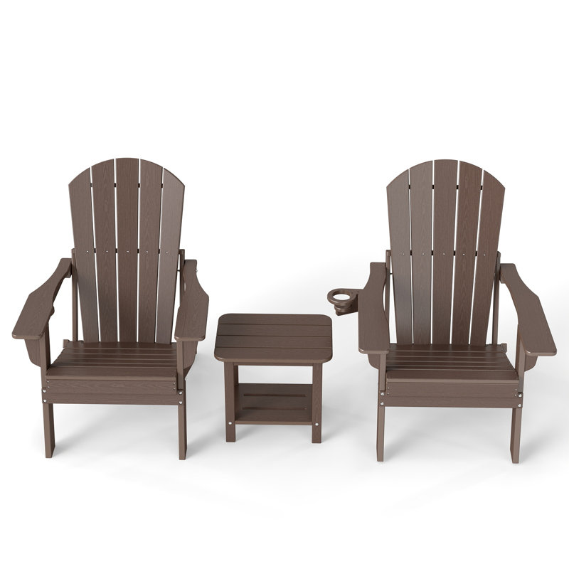 3-Piece Outdoor HDPE Adirondack Seating Set – 2 Foldable Patio Chairs With Cup Holders & 2-Tier End Table, All-Weather Poly Lumber Furniture For Porch, Backyard, Deck & Pool Area