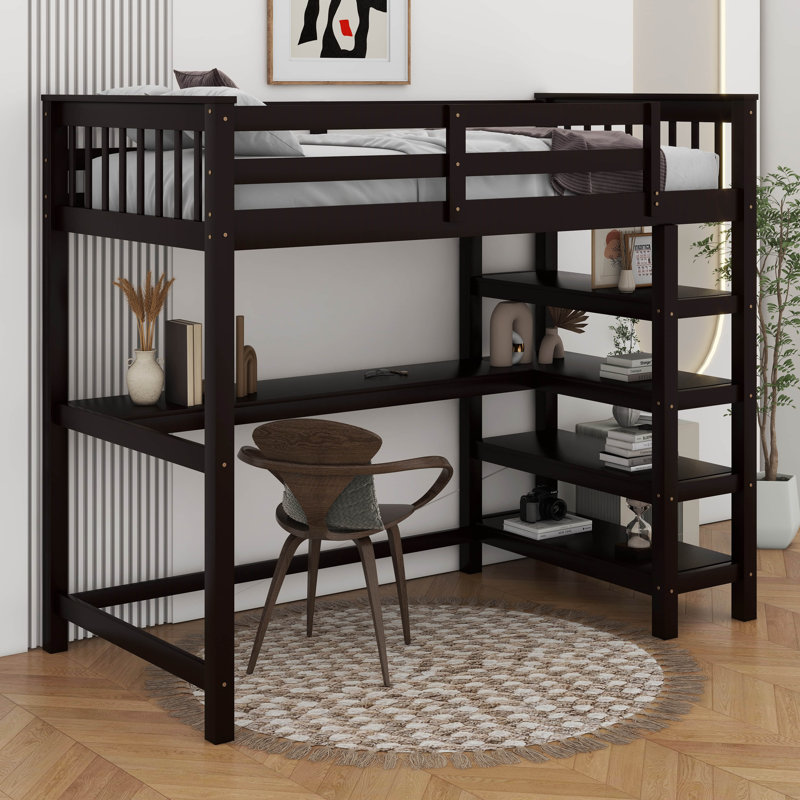 Lit mezzanine avec tablettes de rangement et bureau sous le lit, Lit simple, Espresso