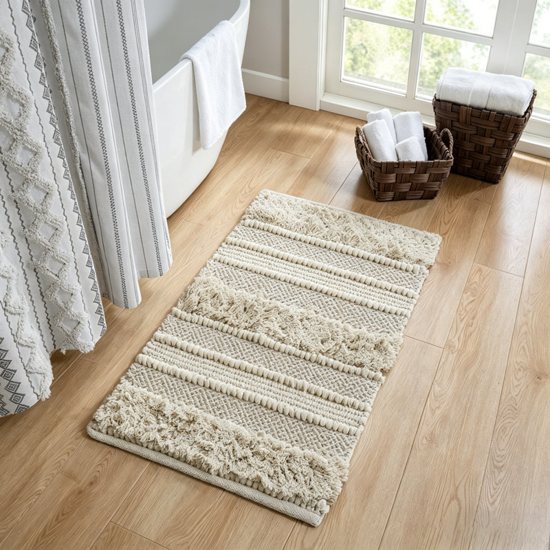 Woven Texture Stripe Bath Rug Natural 20X32", Single- 32" L x 20" W