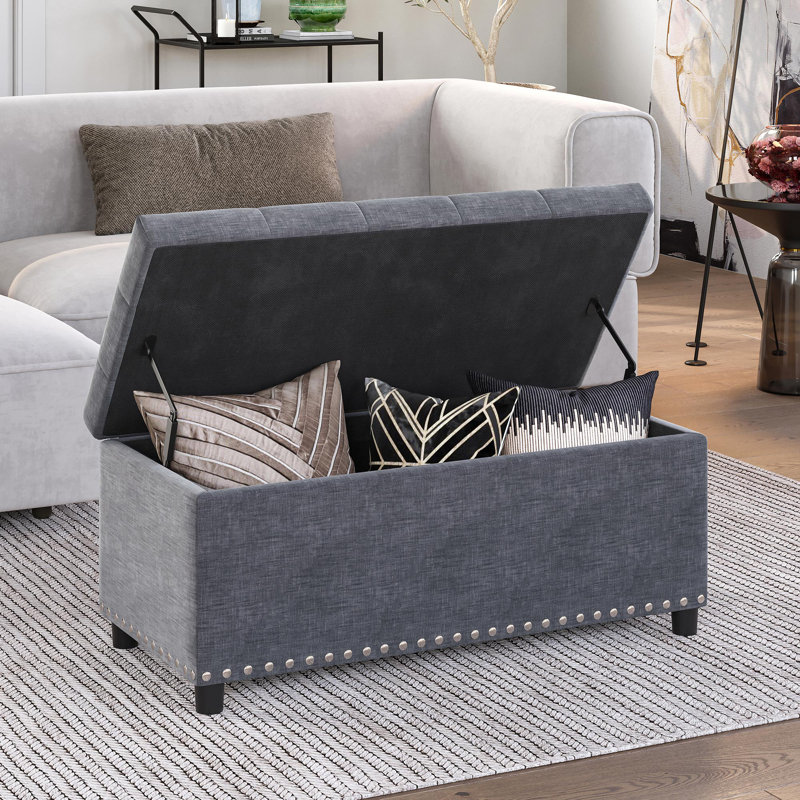 Repose-pieds de rangement rectangulaire capitonné de 35,43 po de large Almarin, Lin gris