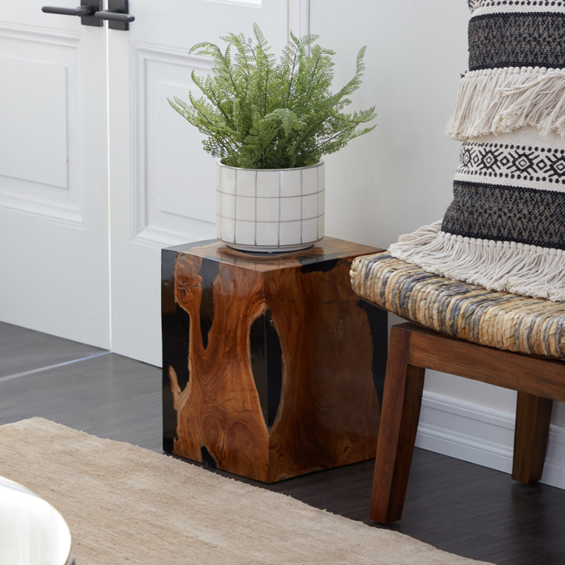 Knupp Black Teak Wood Accent Table with Resin Inlay