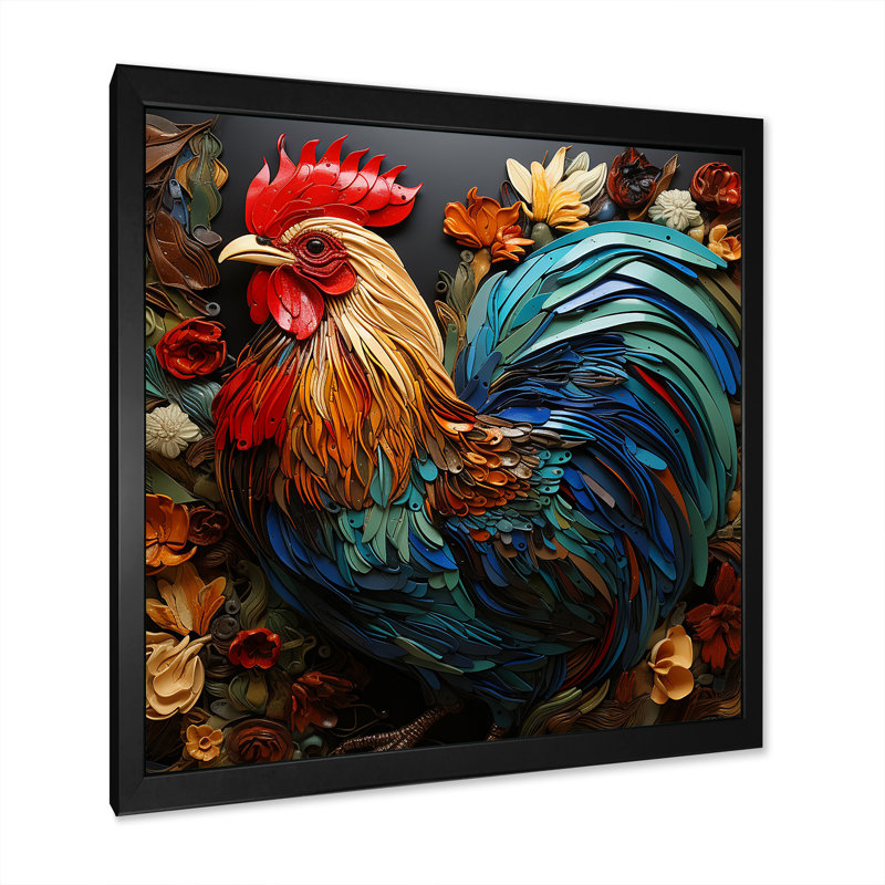 Art mural moderne coq moderne - poulailler, Cadre simple noir, H 36 po x l 36 po x P 1,5 po