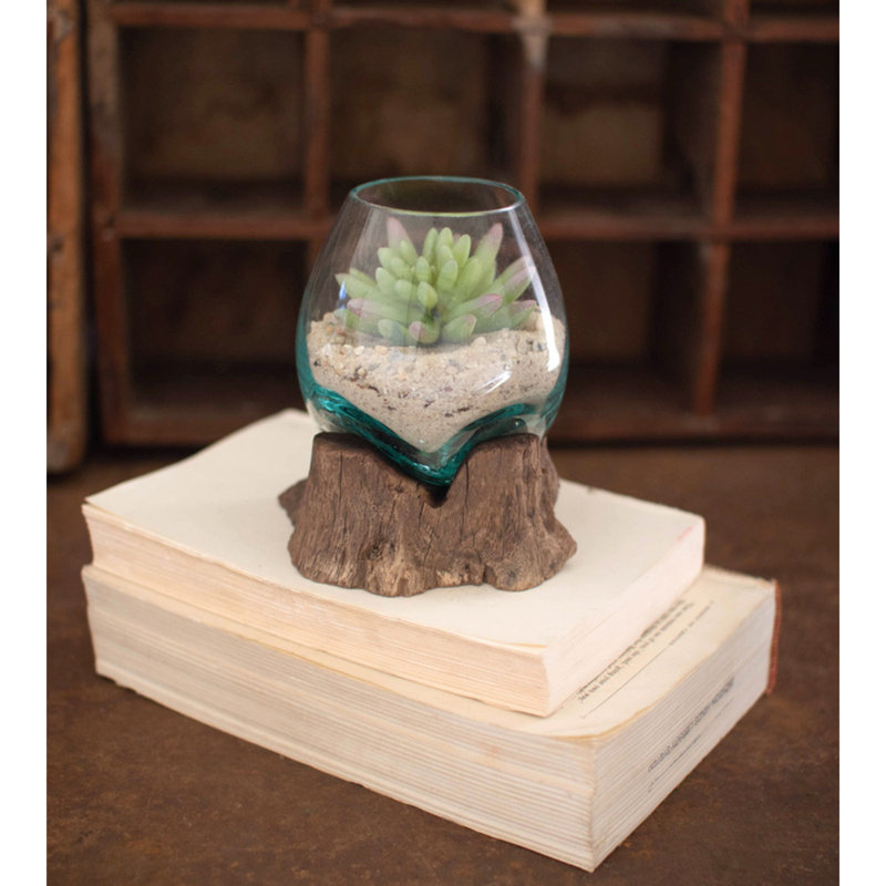 Petit bol en verre soufflé Kalalou avec base en bois flotté naturel - H 5,5 po