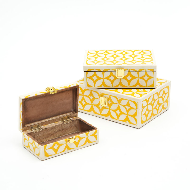 Boîte décorative | Boîte de rangement en bois fabriquée à la main | 6 x 3,5 x 2 po, Jaune, H 2 po x l 3,5 po x P 6 po