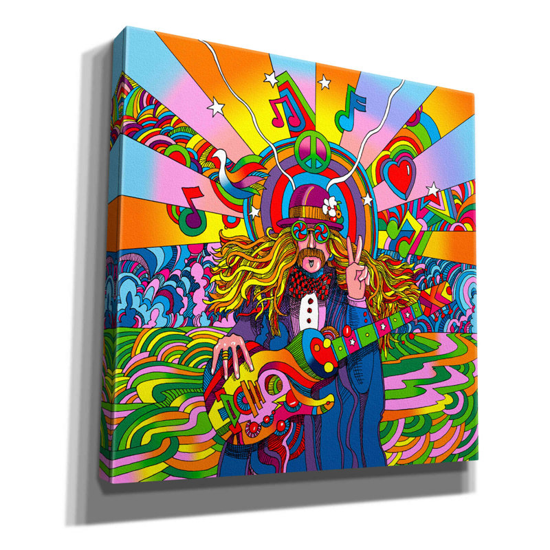 «Hippie Musician» par Howie Green, art mural sur toile, H 18 po x l 18 po x P 0,75 po