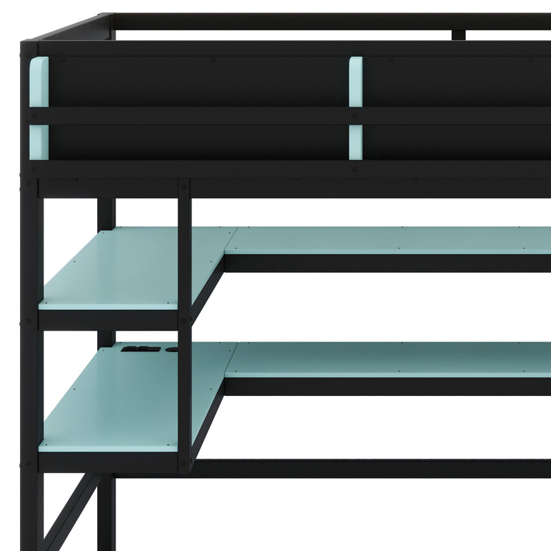 Modern Elevated Bed with Dedicated Workspace, Vertical Side Storage, Comprehensive Bookcase Shelving, and Adjustable RGB Illumination
