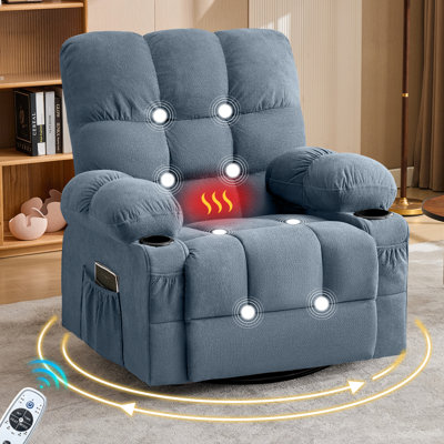 Fauteuil inclinable de massage pivotant avec massage par vibration et chauffage lombaire pour adultes, canapé-lit inclinable à bascule surdimensionné de 350 lb avec poche latérale et port de charge USB pour le salon
