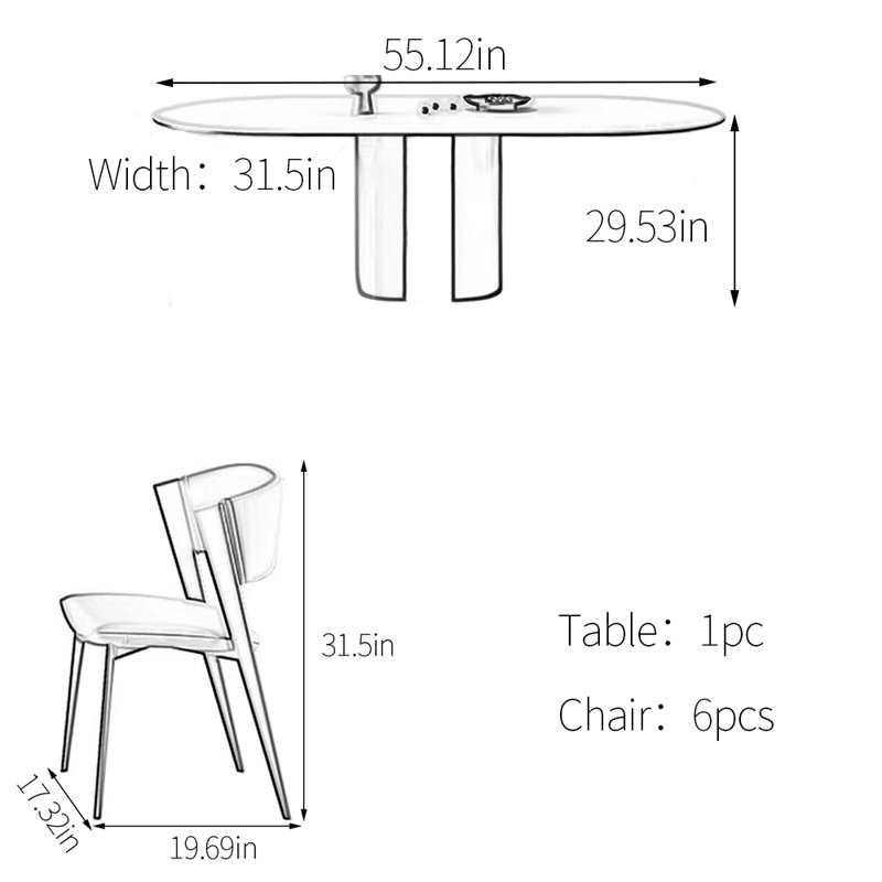 Ensemble de table de salle à manger ovale en pierre frittée simple, H 29,53 po x L 55,12 po x l 31,5 po