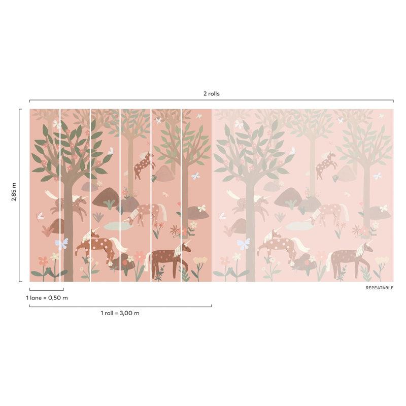 Day Dreamers Collection Pink Unicorn 118.1-Inches Wide x 9.3-Feet High 6-Panel Wall Mural