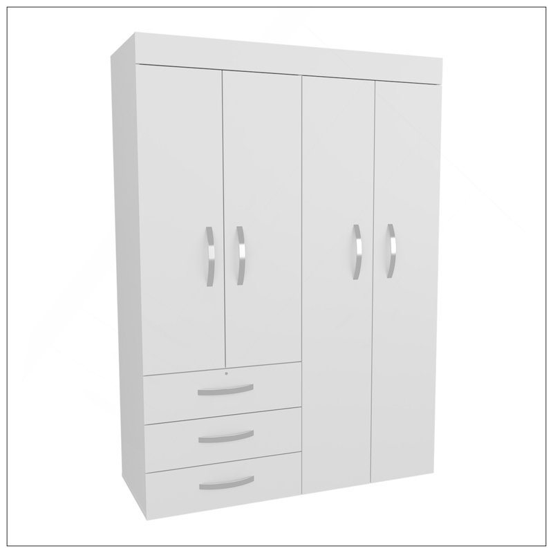 Armoire réglable Denver, tringles, armoire à deux portes, trois tiroirs, deux tablettes blanches