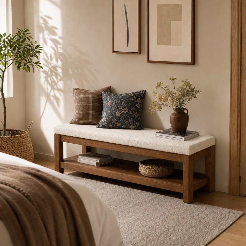 Upholstered Shelves and Storage Bench