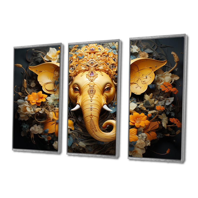 «Hindu Ganesha Elephant God Curmeric Tints», ensemble d'art sur toile, H 32 po x l 48 po x P 1 po, Cadre argenté flottant