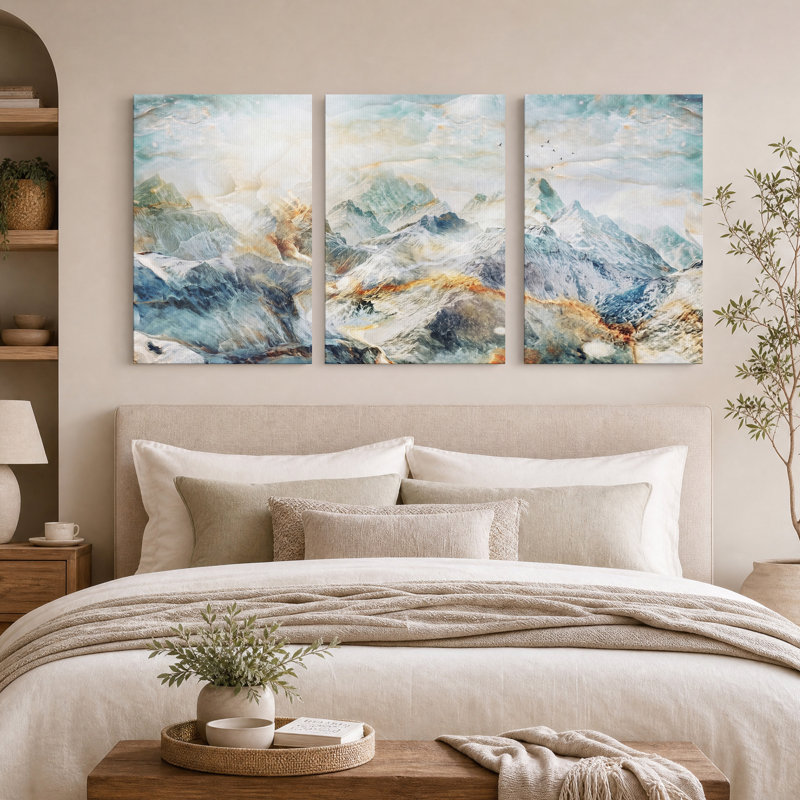 Ensemble de 3 toiles murales représentant des oiseaux survolant des montagnes de marbre turquoise et or, 30"H x 20"W x 3pcs