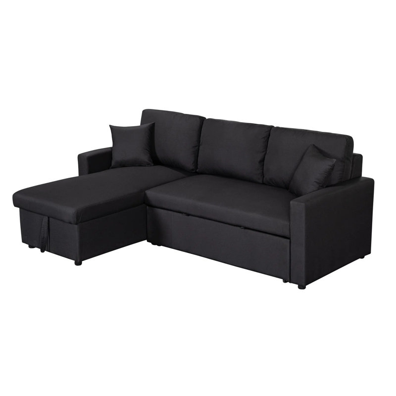 McCoole Fabric Reversible Sleeper Sectional Sofa with Storage Chaise, Black Linen Blend