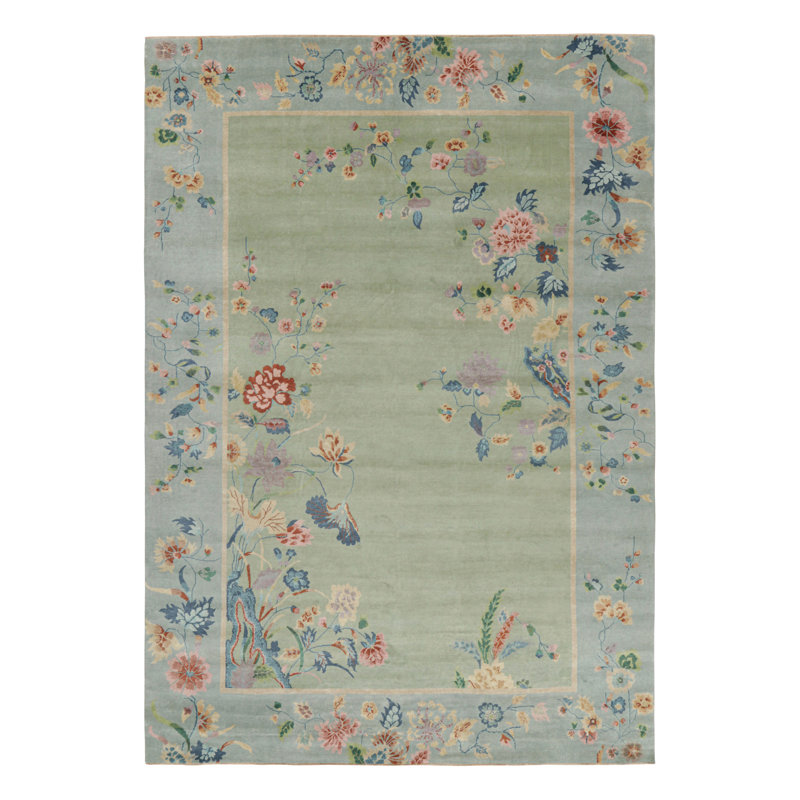 Rug & Kilim’S Oversized Chinese Art Deco Style Floral Rug In Green And Blue, Rectangle 9'10" x 14'2"