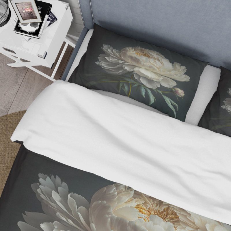 Ensemble de housse de couette Blooming White Peony V Bedding, Housse de couette simple + 1 taie décorative stan